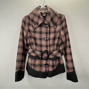 Vintage Joujou Royale Plaid Coat Jacket S Black Tan Belted Cowl Neck Wool Blend
